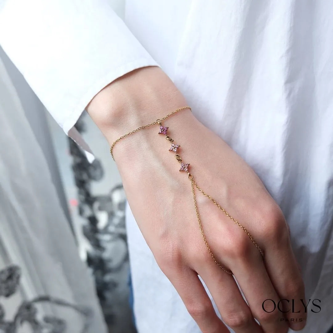 Handschmuck aus vergoldetem Edelstahl mit Strassblumen blanc